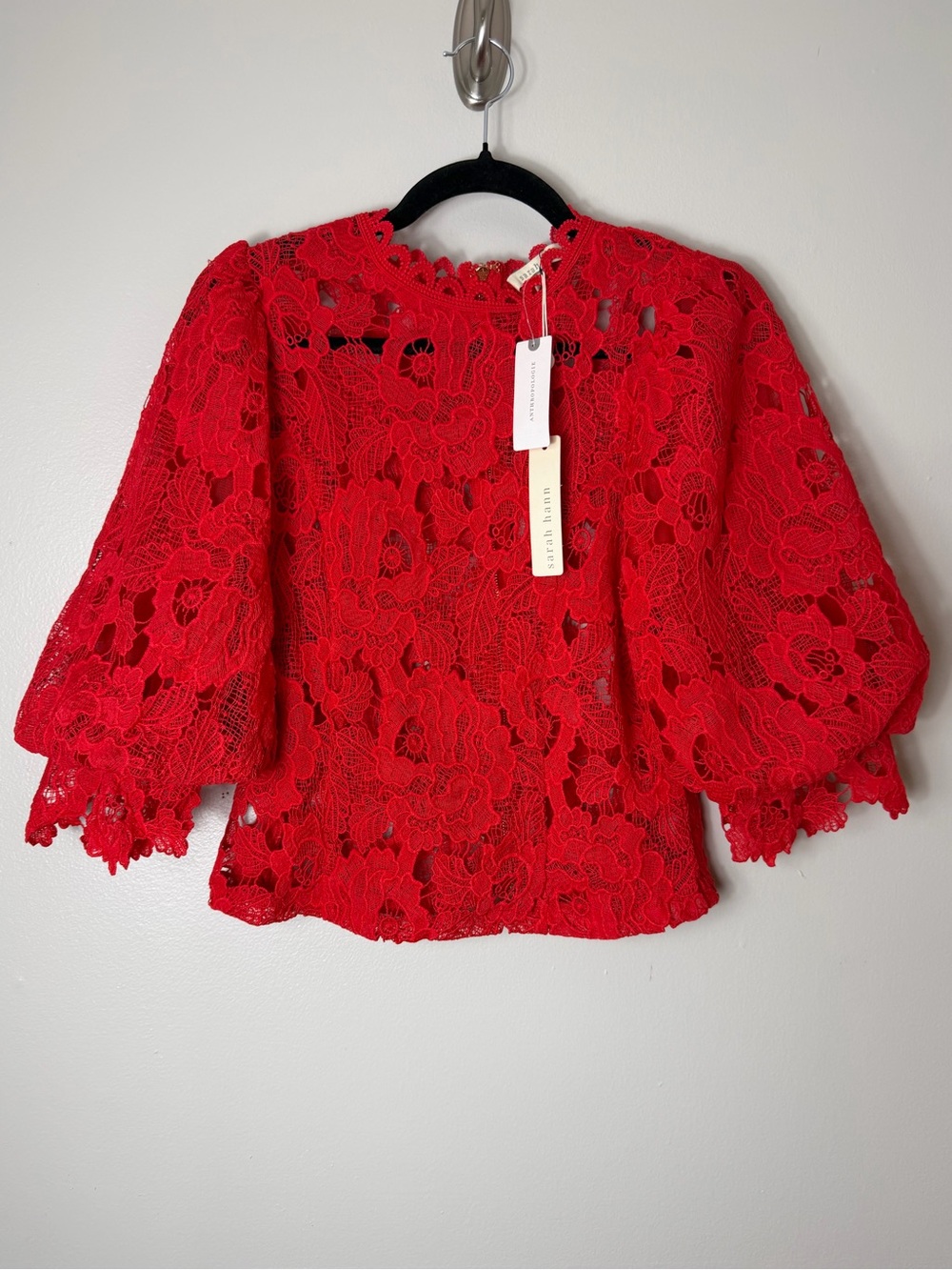 Anthropologie Top Red Crochet Lace Fairy Whimsical Coquette Romantic Floral